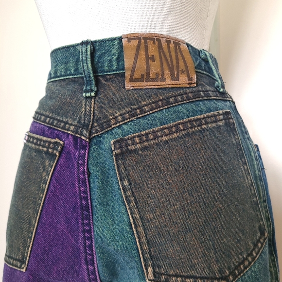 ZENA - Vintage Colourblock Highwasted Jean Shorts - Size 3 - Picture 3 of 8